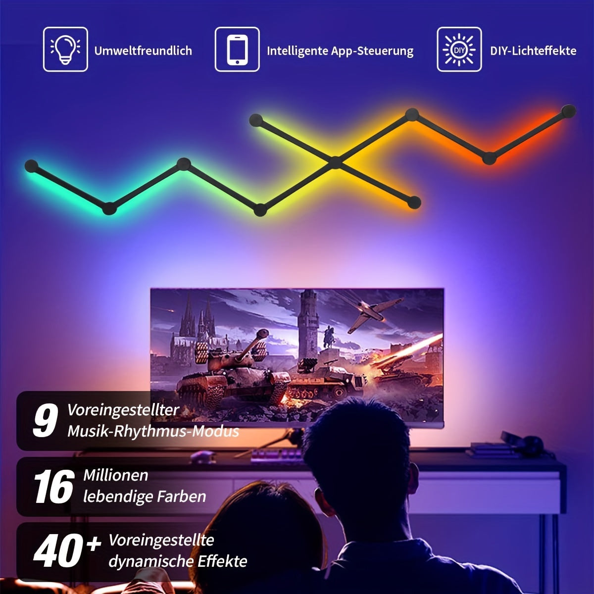 9pcs Smart RGB LED Wall Light With App Control Dimmable Color Changing, Music Synchronized Wall Ambient Decorative Light Bar Kit For Game Room, Bedroom, Living Room, TV Backlight