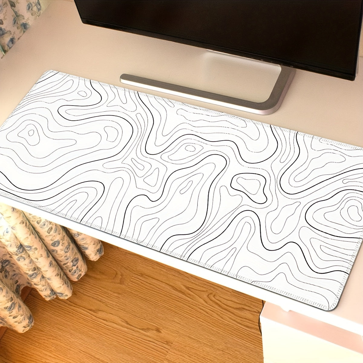 Black and white terrain line large mouse pad, abstract terrain line outline washable non-slip rubber office and gaming computer desk mat, computer accessories, Christmas, Halloween, Thanksgiving gifts