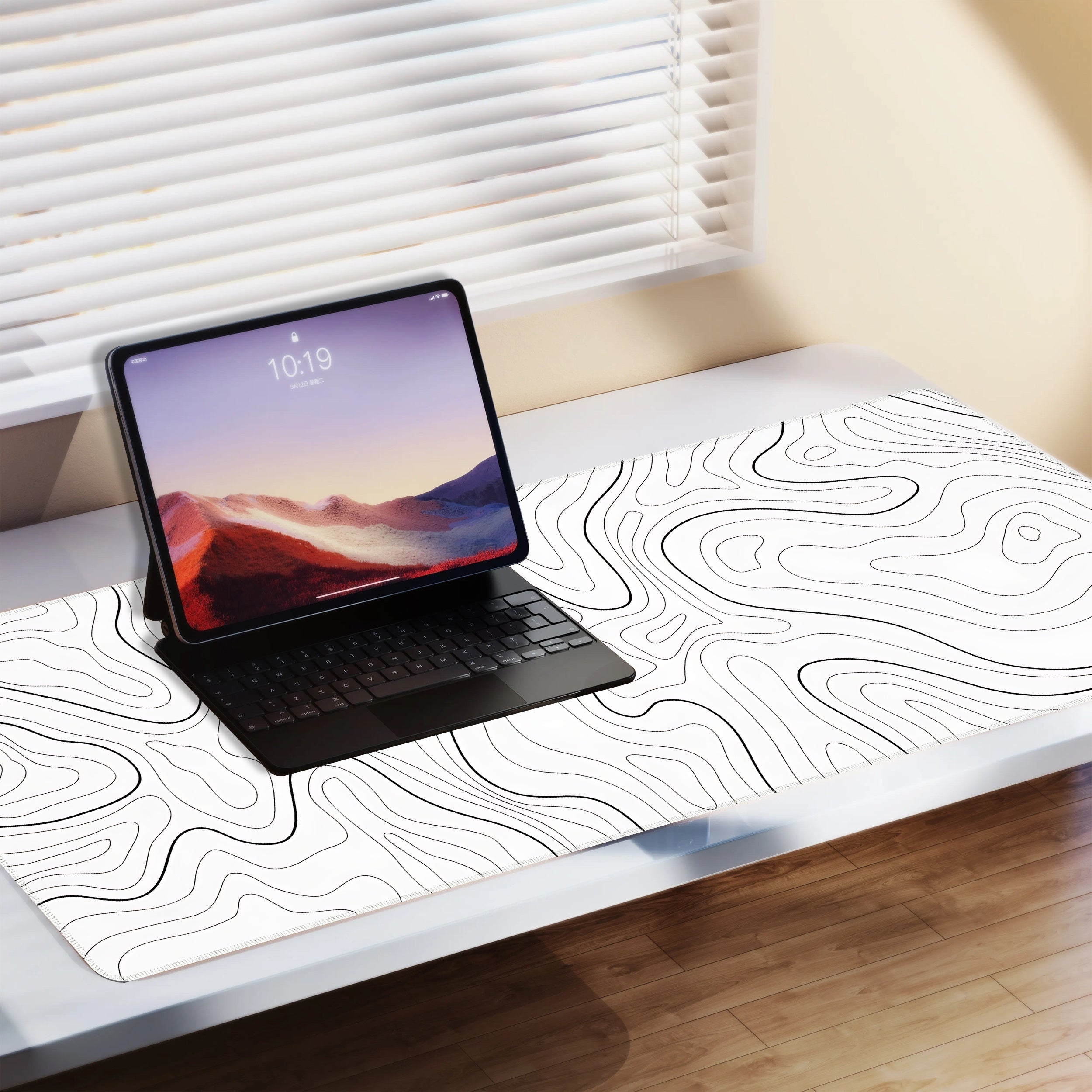 Black and white terrain line large mouse pad, abstract terrain line outline washable non-slip rubber office and gaming computer desk mat, computer accessories, Christmas, Halloween, Thanksgiving gifts