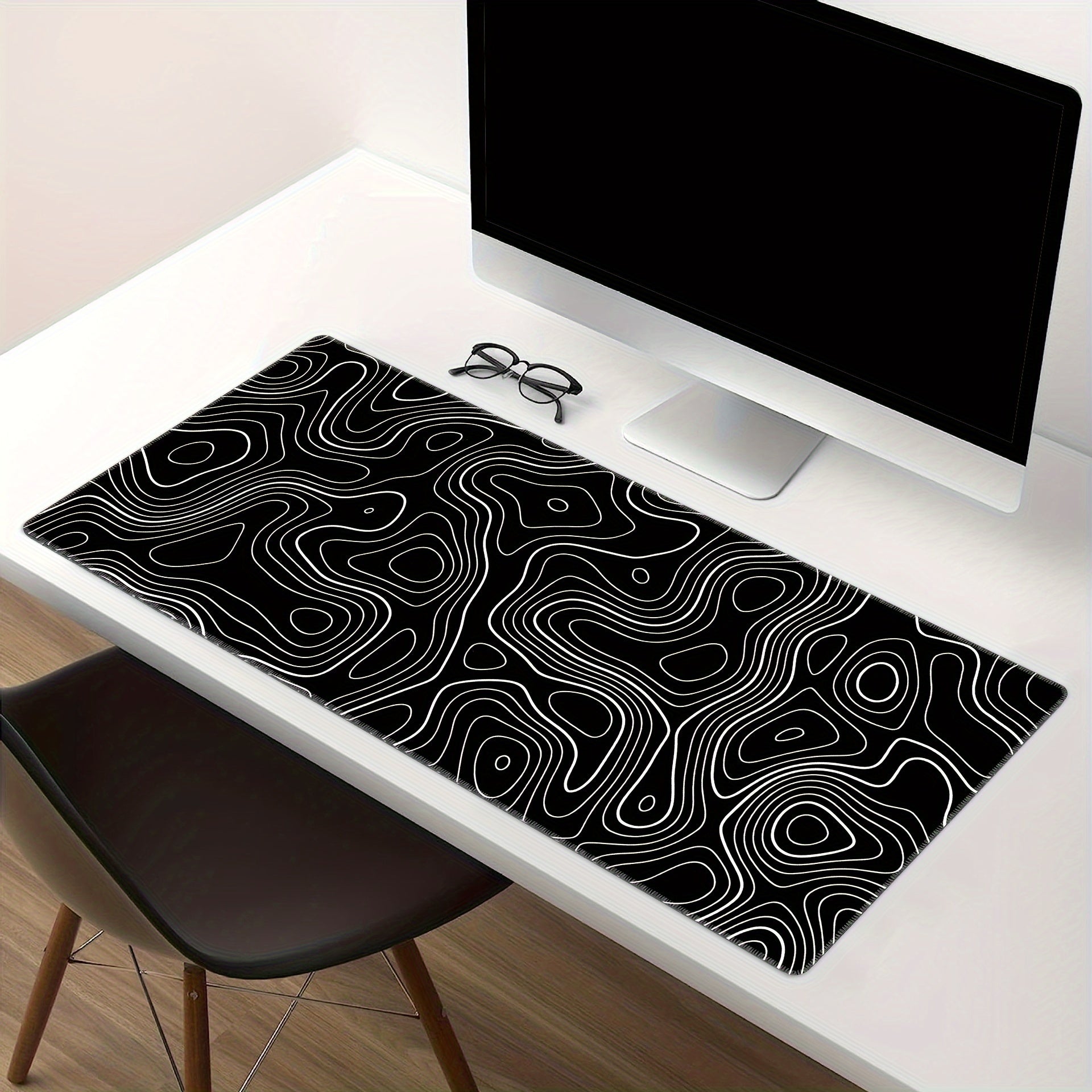 Black and white terrain line large mouse pad, abstract terrain line outline washable non-slip rubber office and gaming computer desk mat, computer accessories, Christmas, Halloween, Thanksgiving gifts