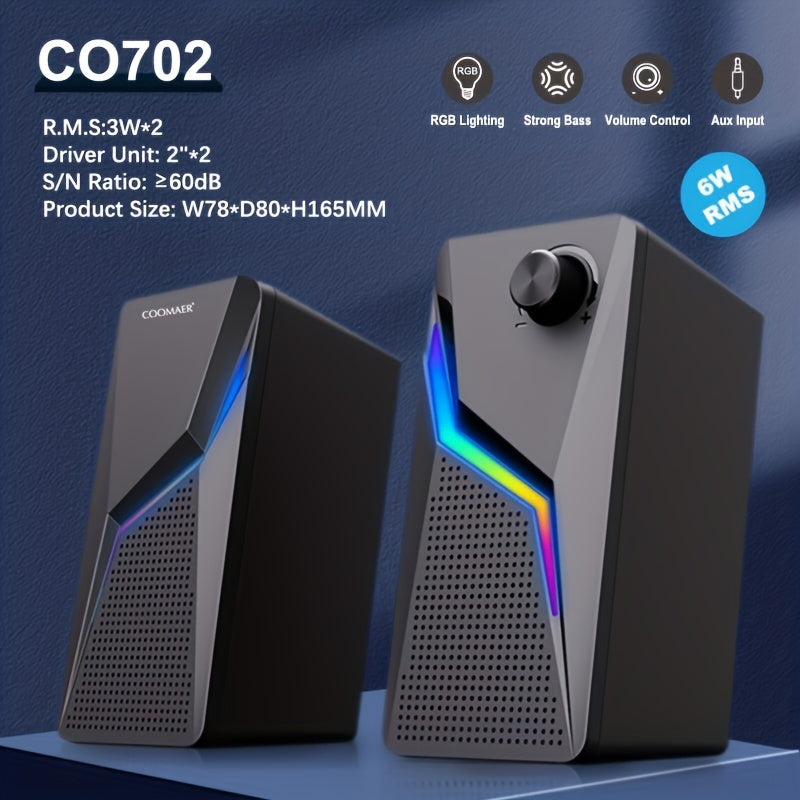 RGB Desktop Speakers, 2.0CH Stereo PC Computer Gaming Speakers 6W Multimedia Monitor Speakers, Volume Control, USB Powered with 3.5mm Cable