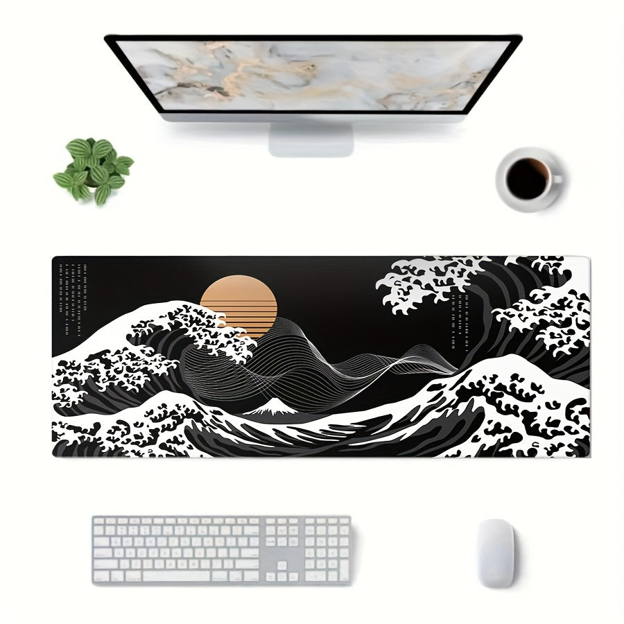 Large Extended Gaming Mouse Pad with Black Waves Design – Non-Slip Rubber Base, Vibrant Oceanic Artwork, Durable Stitched Edges for Gamers and Professionals, Gaming Accessories | Artistic Mousepad | Textured Surface, Mouse