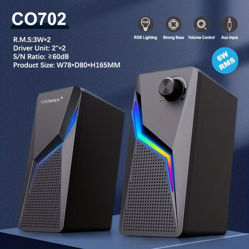 RGB Desktop Speakers, 2.0CH Stereo PC Computer Gaming Speakers 6W Multimedia Monitor Speakers, Volume Control, USB Powered with 3.5mm Cable