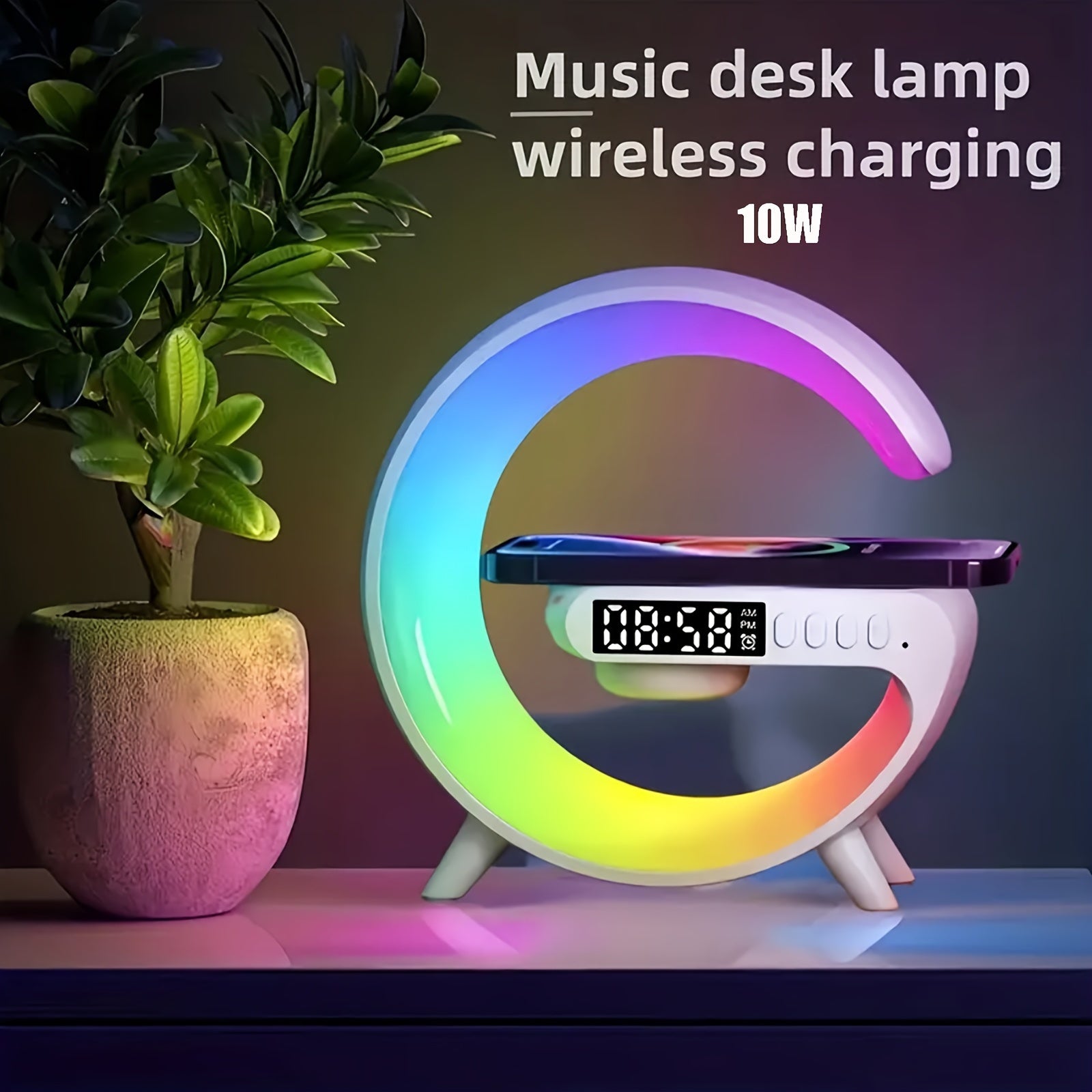 Wireless Wireless Speaker with RGB Light Strip, Adjustable Brightness Desk Lamp and Fast Charging Alarm Clock for Heavy Sleepers - USB Type-C, Ideal for Bedroom, Dorm, Gift