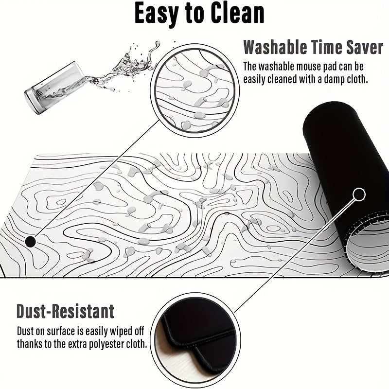 Black and white terrain line large mouse pad, abstract terrain line outline washable non-slip rubber office and gaming computer desk mat, computer accessories, Christmas, Halloween, Thanksgiving gifts