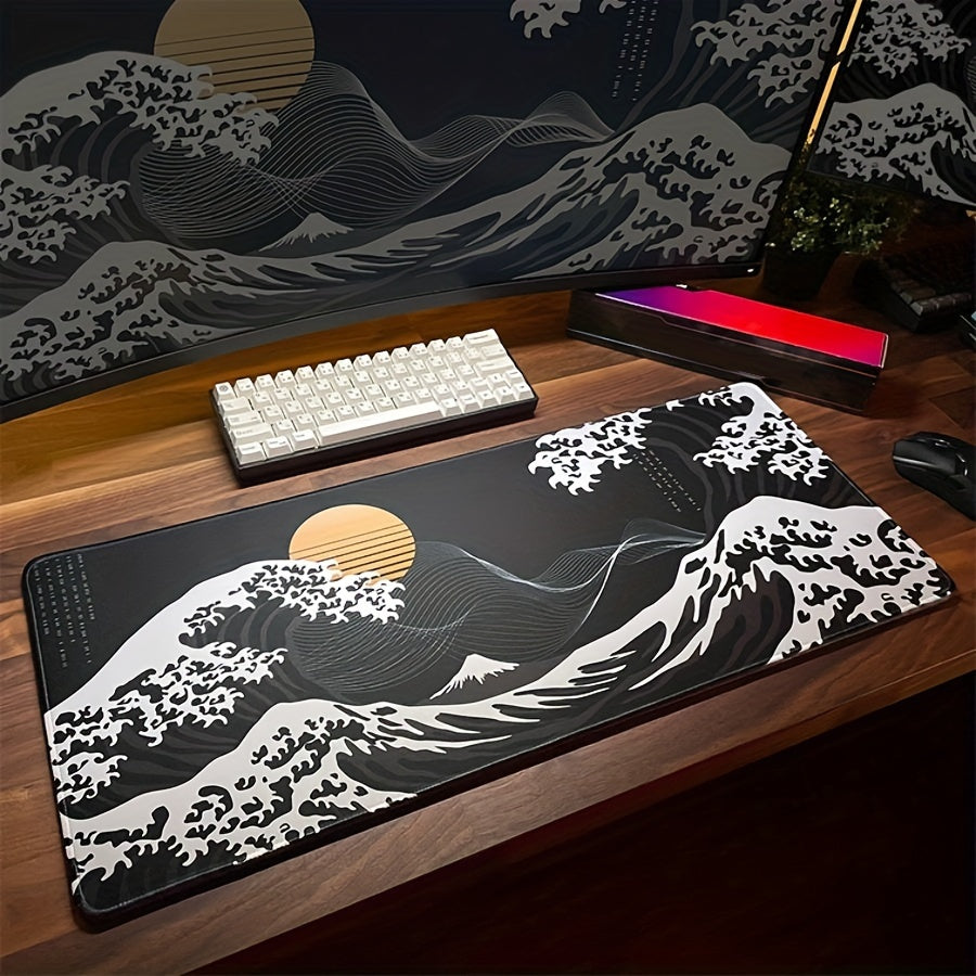 Large Extended Gaming Mouse Pad with Black Waves Design – Non-Slip Rubber Base, Vibrant Oceanic Artwork, Durable Stitched Edges for Gamers and Professionals, Gaming Accessories | Artistic Mousepad | Textured Surface, Mouse
