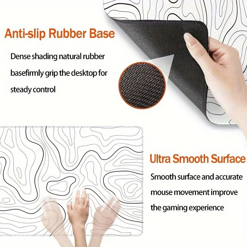 Black and white terrain line large mouse pad, abstract terrain line outline washable non-slip rubber office and gaming computer desk mat, computer accessories, Christmas, Halloween, Thanksgiving gifts