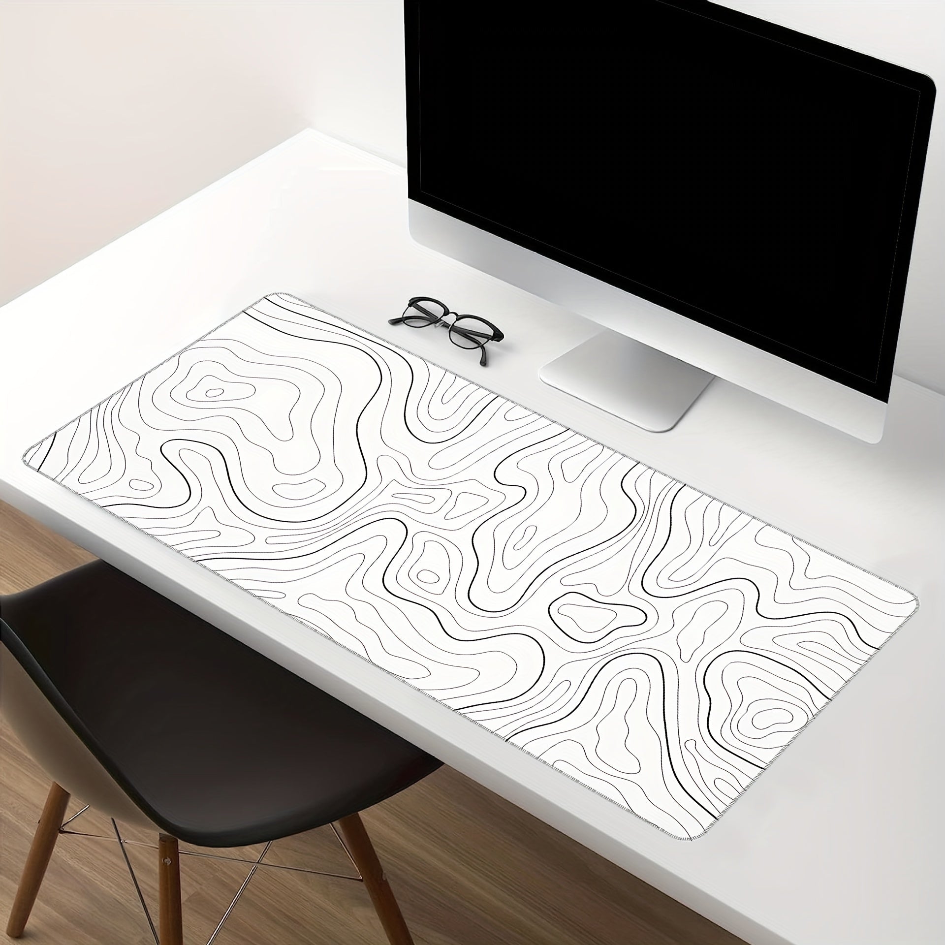 Black and white terrain line large mouse pad, abstract terrain line outline washable non-slip rubber office and gaming computer desk mat, computer accessories, Christmas, Halloween, Thanksgiving gifts
