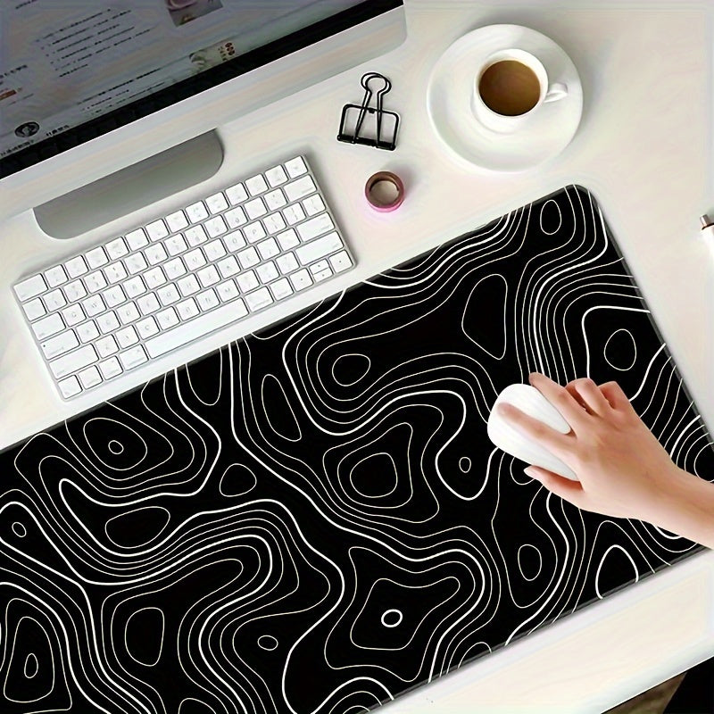 Black and white terrain line large mouse pad, abstract terrain line outline washable non-slip rubber office and gaming computer desk mat, computer accessories, Christmas, Halloween, Thanksgiving gifts