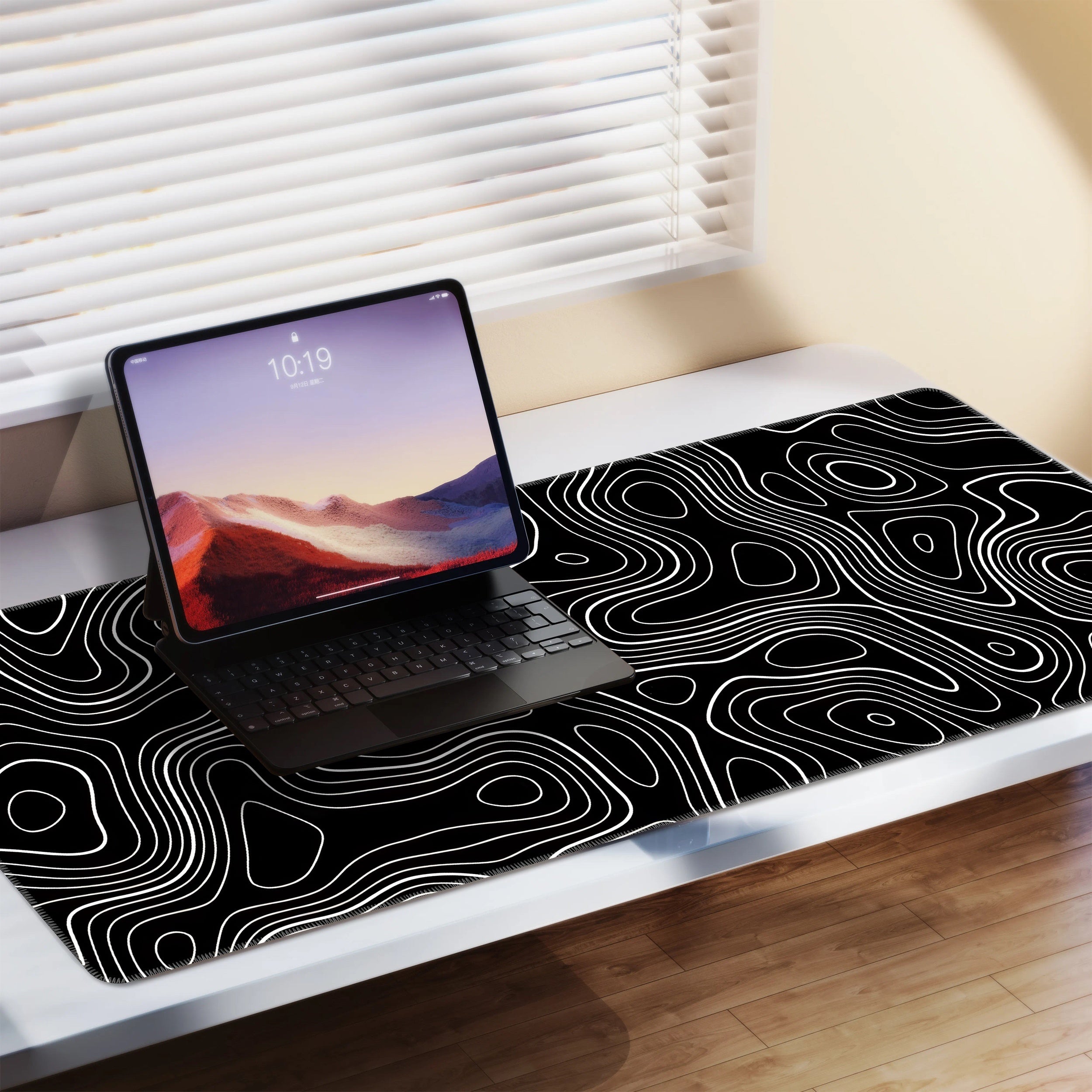 Black and white terrain line large mouse pad, abstract terrain line outline washable non-slip rubber office and gaming computer desk mat, computer accessories, Christmas, Halloween, Thanksgiving gifts