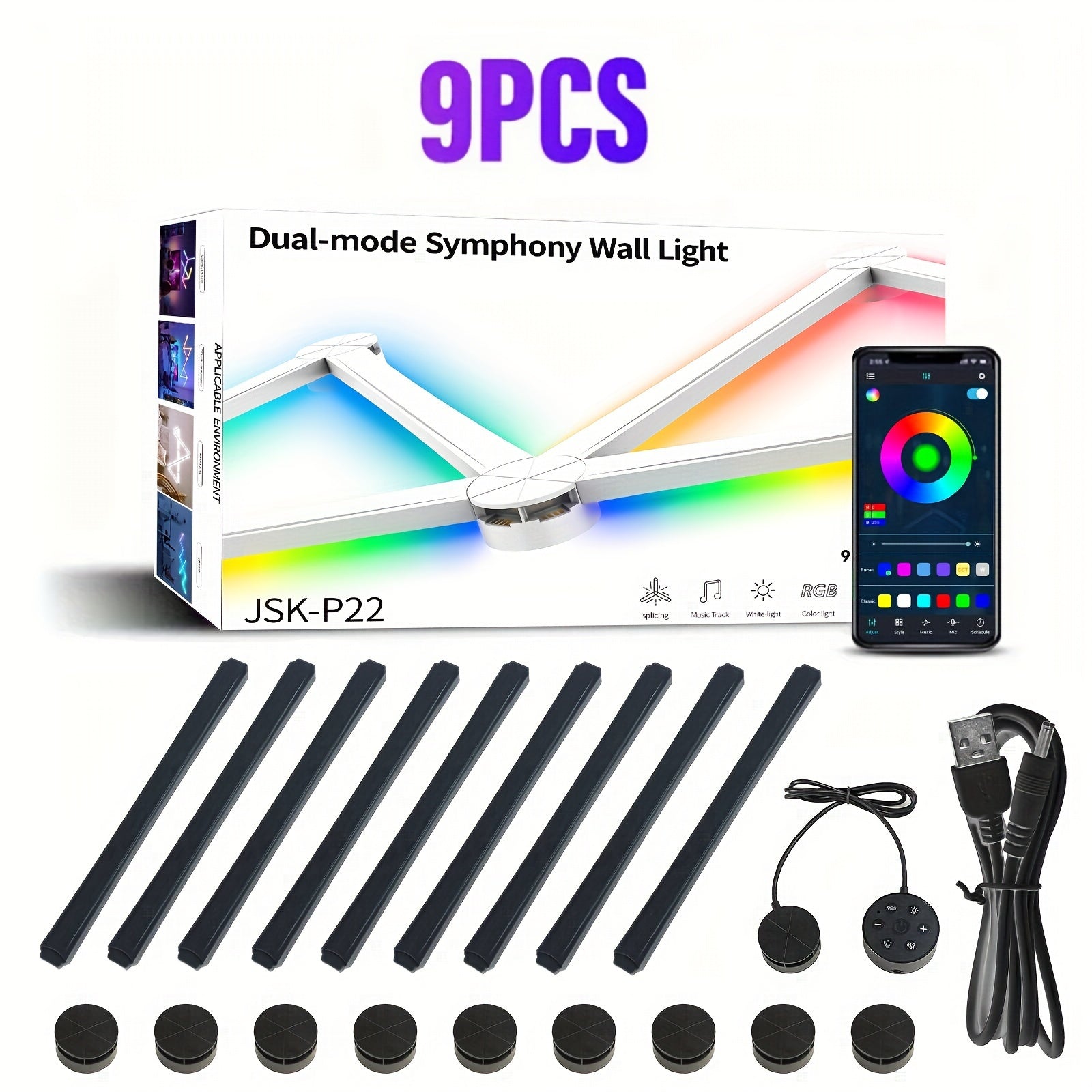 9pcs Smart RGB LED Wall Light With App Control Dimmable Color Changing, Music Synchronized Wall Ambient Decorative Light Bar Kit For Game Room, Bedroom, Living Room, TV Backlight
