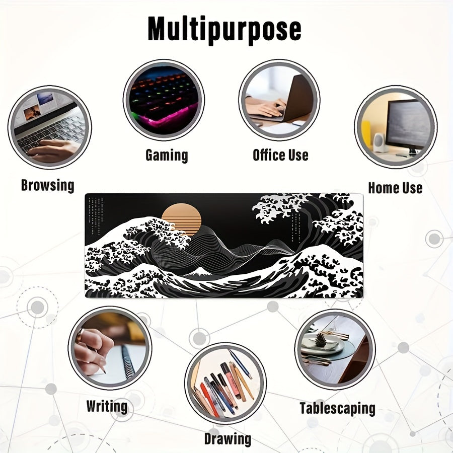 Large Extended Gaming Mouse Pad with Black Waves Design – Non-Slip Rubber Base, Vibrant Oceanic Artwork, Durable Stitched Edges for Gamers and Professionals, Gaming Accessories | Artistic Mousepad | Textured Surface, Mouse