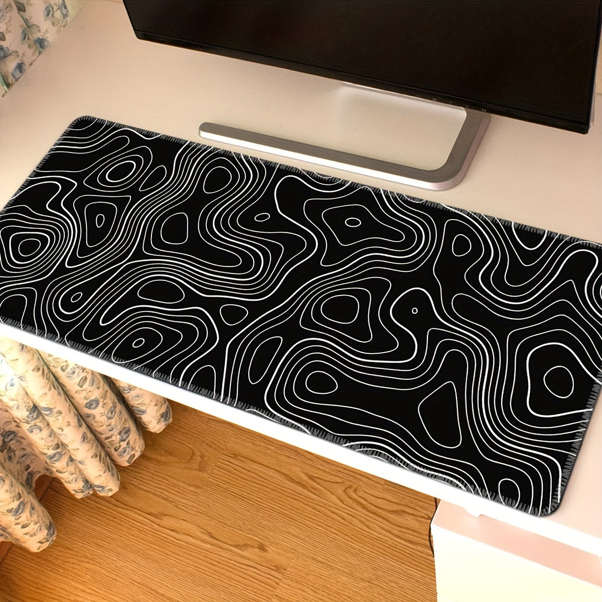 Black and white terrain line large mouse pad, abstract terrain line outline washable non-slip rubber office and gaming computer desk mat, computer accessories, Christmas, Halloween, Thanksgiving gifts